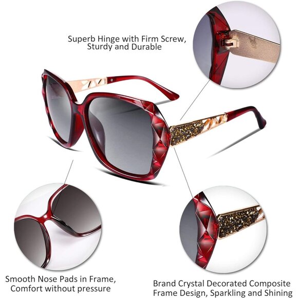 Women's Red Crystal Square Sunglasses Sparkling Composite Shiny Frame Design - Picture 4 of 8
